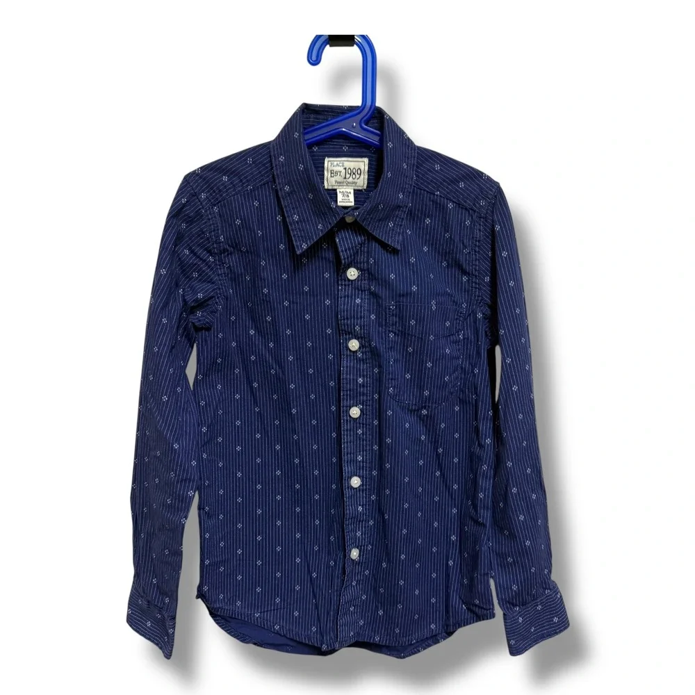 The Childrens Place Boys Navy Blue Pinstripe Diamond Button Down‎ Shirt Size 7/8